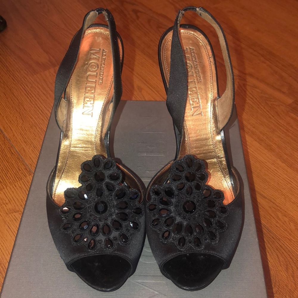 Alexander McQueen black satin heels